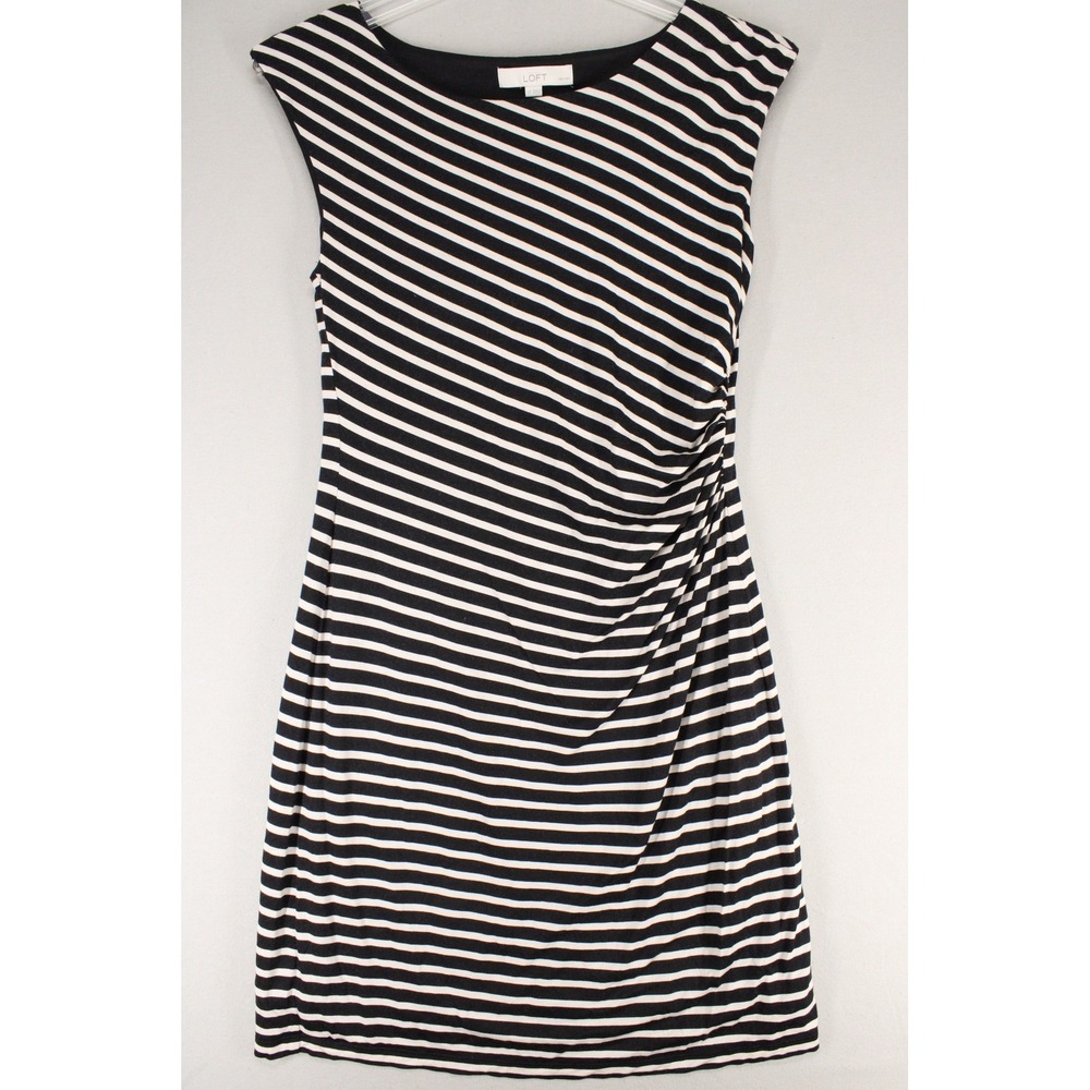 Loft Dress Petites LP Black White Striped Ruched Sleeveless Sheath Preppy Work